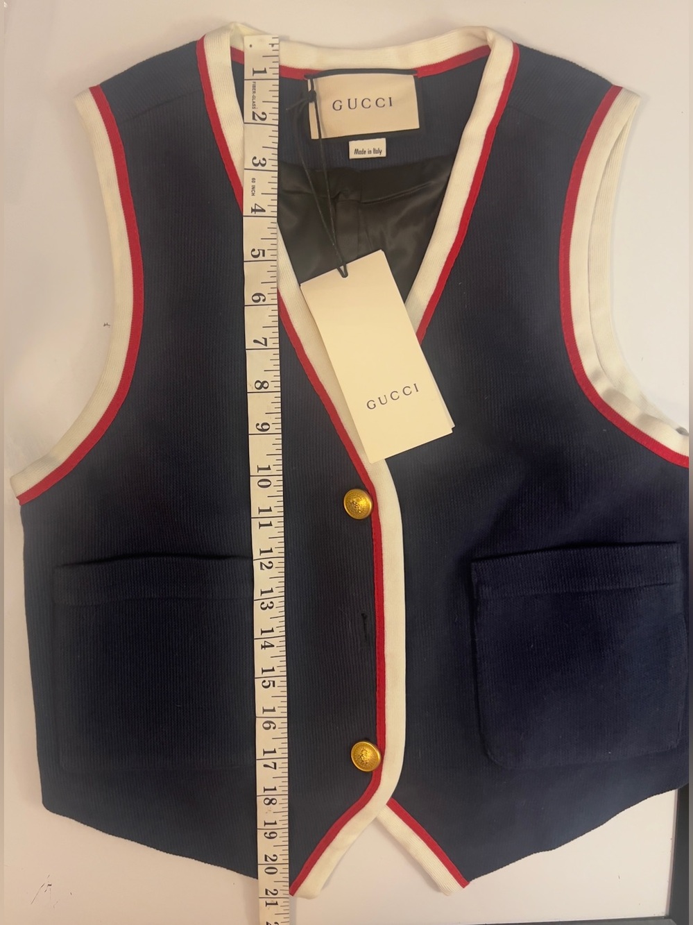 Gucci Authentic Navy Vest with Red & White Trim & Gold Buttons Ladies Medium - Picture 12 of 16
